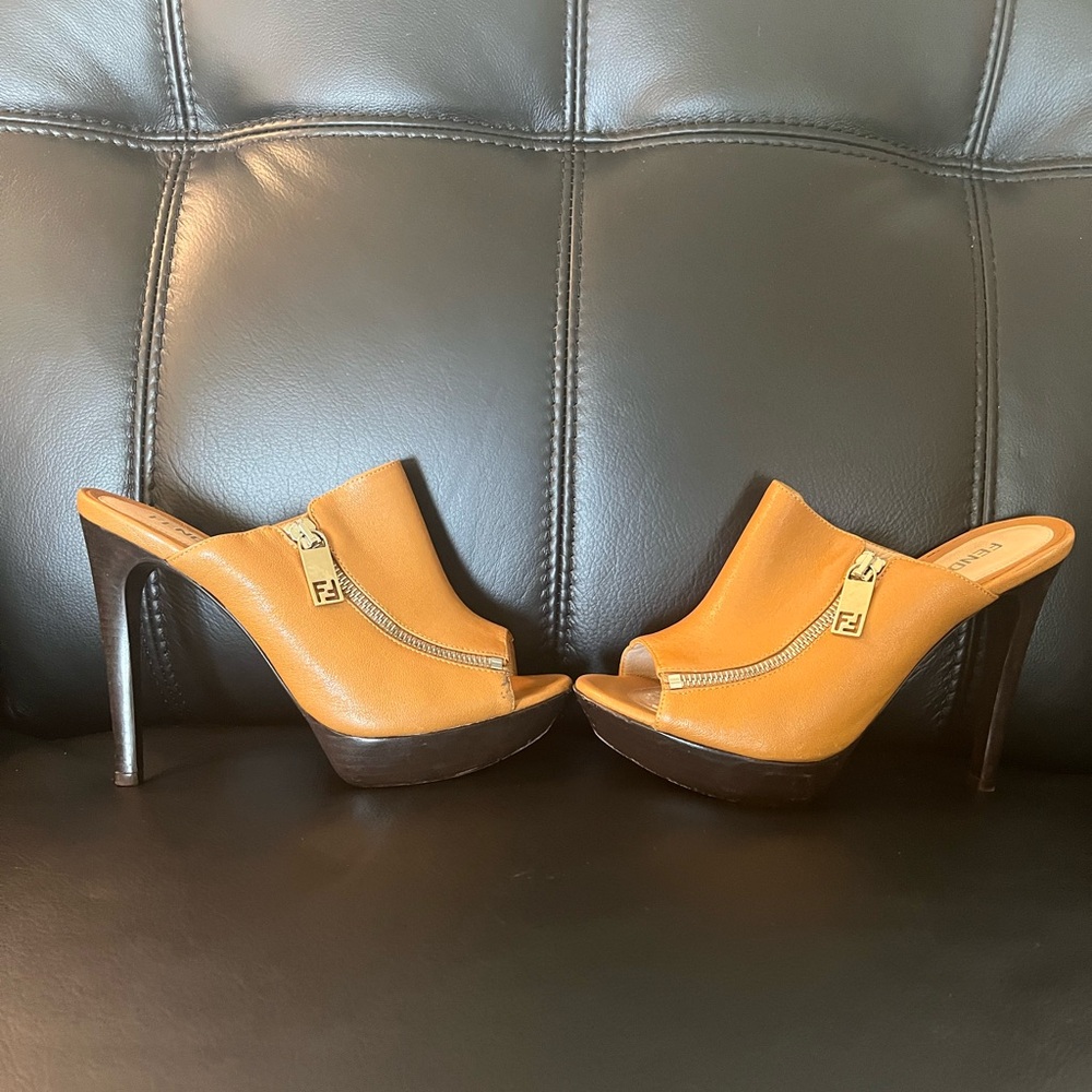Fendi Tan Leather Mules with Stiletto Heels